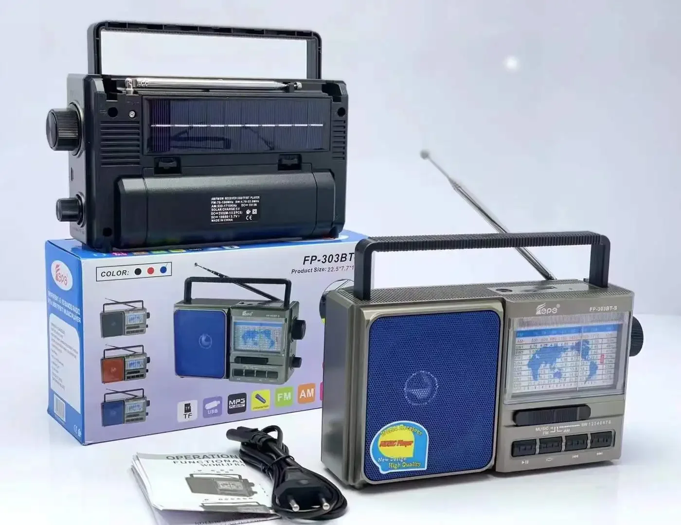 

FP-303BT-S New Rechargeable Solar Radio Portable Handle Fm Am All Bands Outdoor Entertainment Wireless Radiogram Support Usb Bt