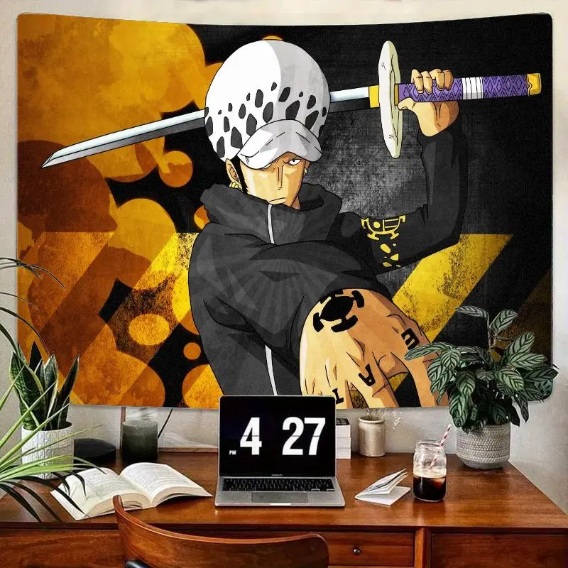 1PC One Piece Rufy Anime Arazzo Wall Art, 2:15 Orologio digitale Stile Scrivania Decorazione della stanza con sfondo geometrico giallo marrone, Un