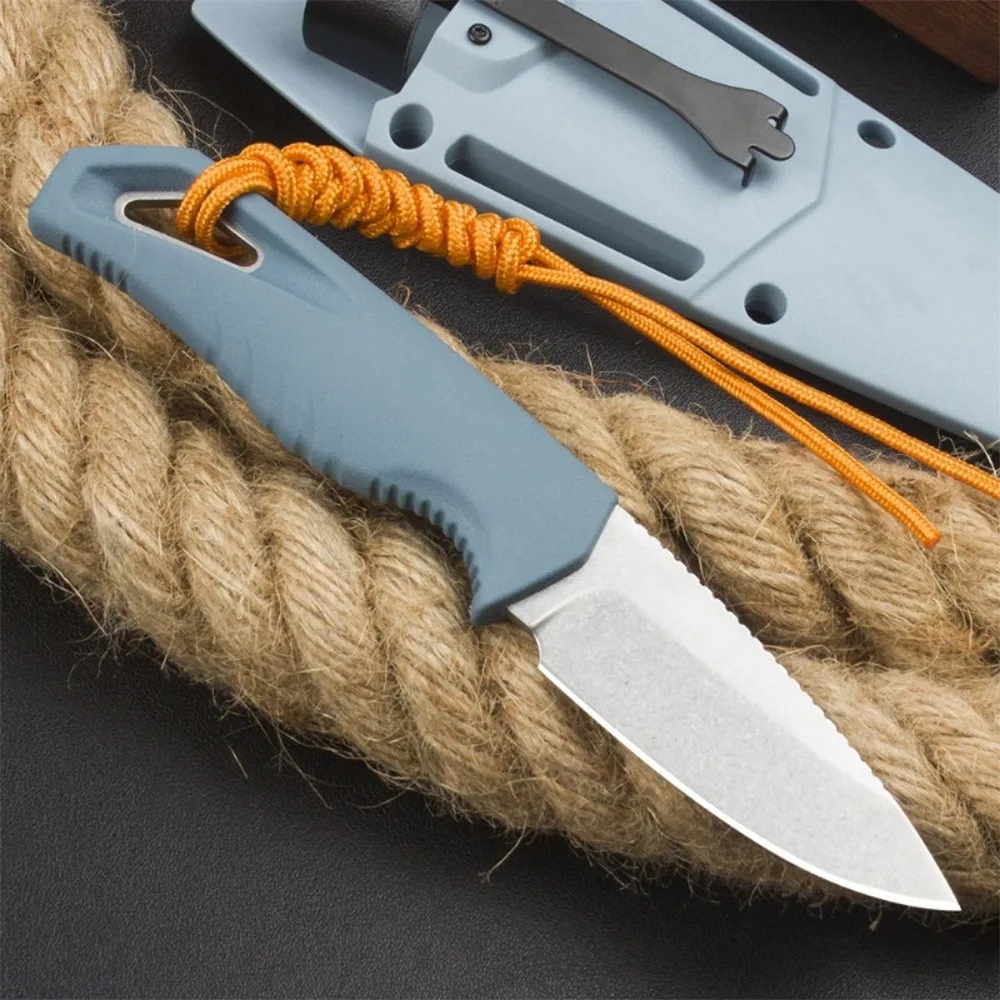 BM 18050 Water Intersect Straight Knife Stonewashed Drop Shape Fixed Blade Blue Handle and Sheath Outdoor Tactical Hunting Knife