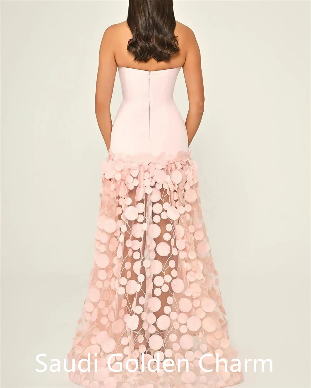 Customized  See Through Pink Jersey Evening Dress Exquisite Strapless Appliques Contrast Color Zipper Back Customized Vestido De