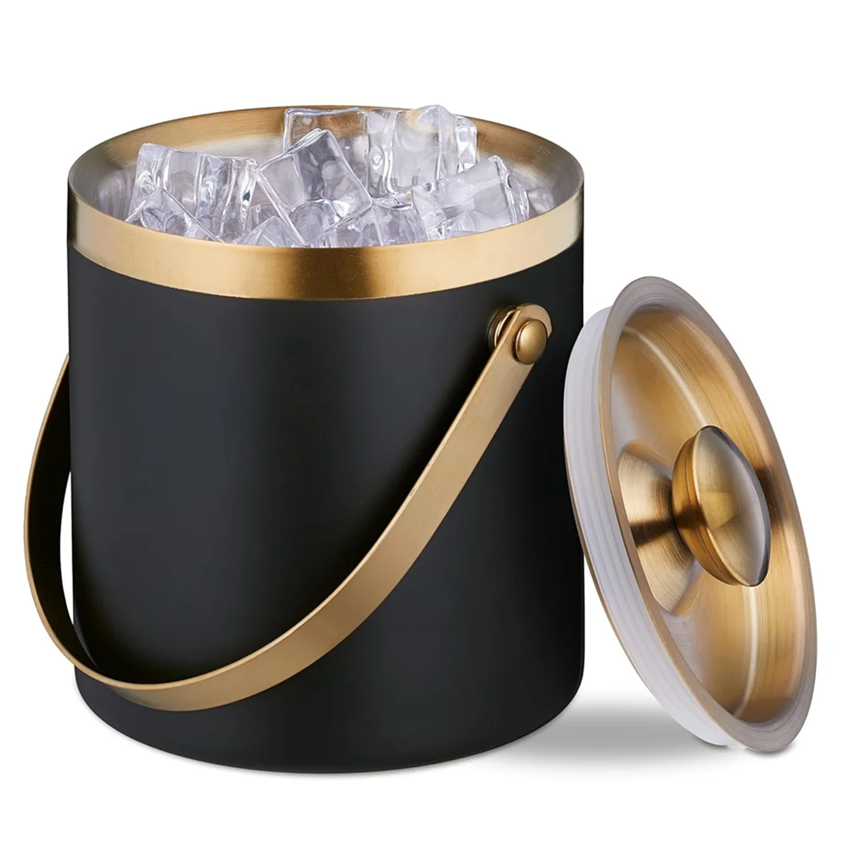 Ice Bucket, Stainless Steel, Double-Walled, Ice Bucket with Lid & Handle, 2 L, Ice Cube Bucket Black & Gold