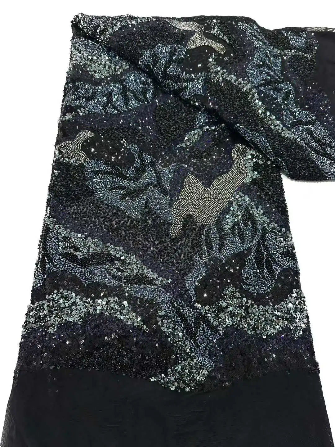 2025 African Nigerian High-Quality Sequins Tulle Lace Fabric for Prom Embroidery Dresses Beads Sewing Net Cloth 5Yards