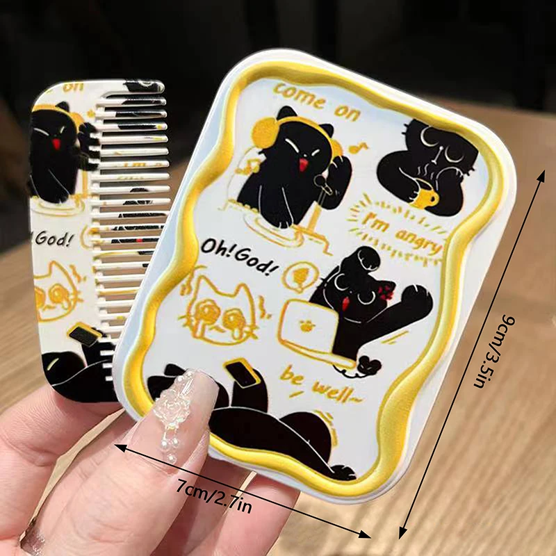 Espejo de maquillaje plegable con patrón de gato negro de dibujos animados, espejo de bolsillo portátil, espejo cosmético rectangular con peine para mujer