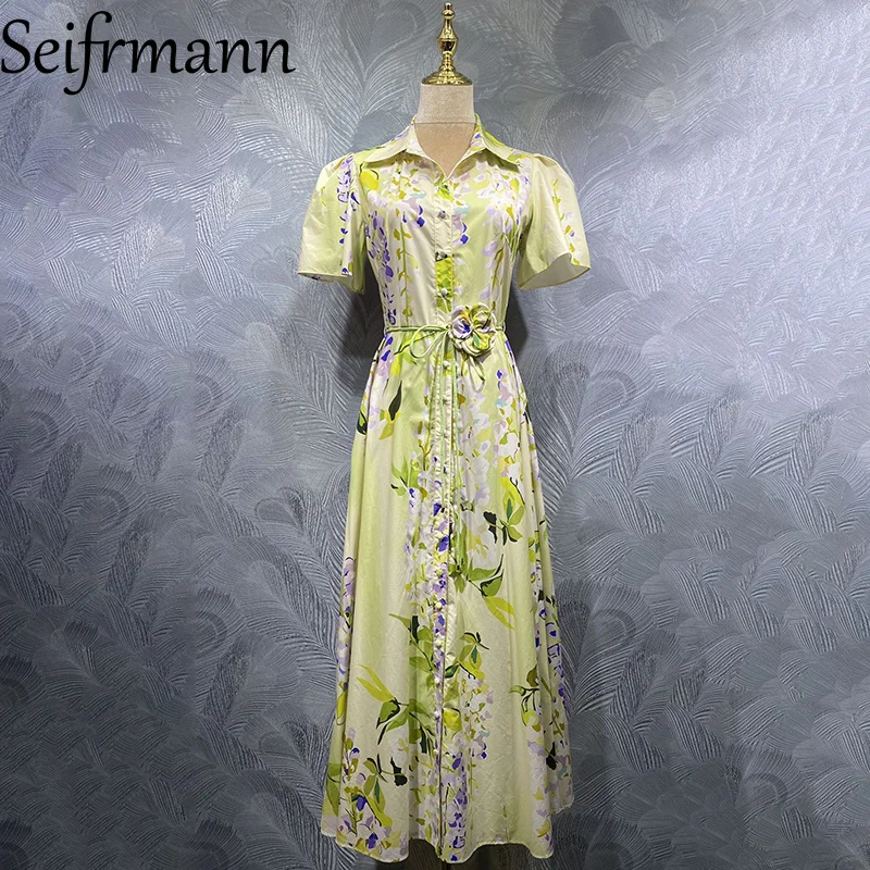 

Seifrmann 2026, весеннее женское новое модное хлопковое длинное платье с короткими рукавами и принтом на талии