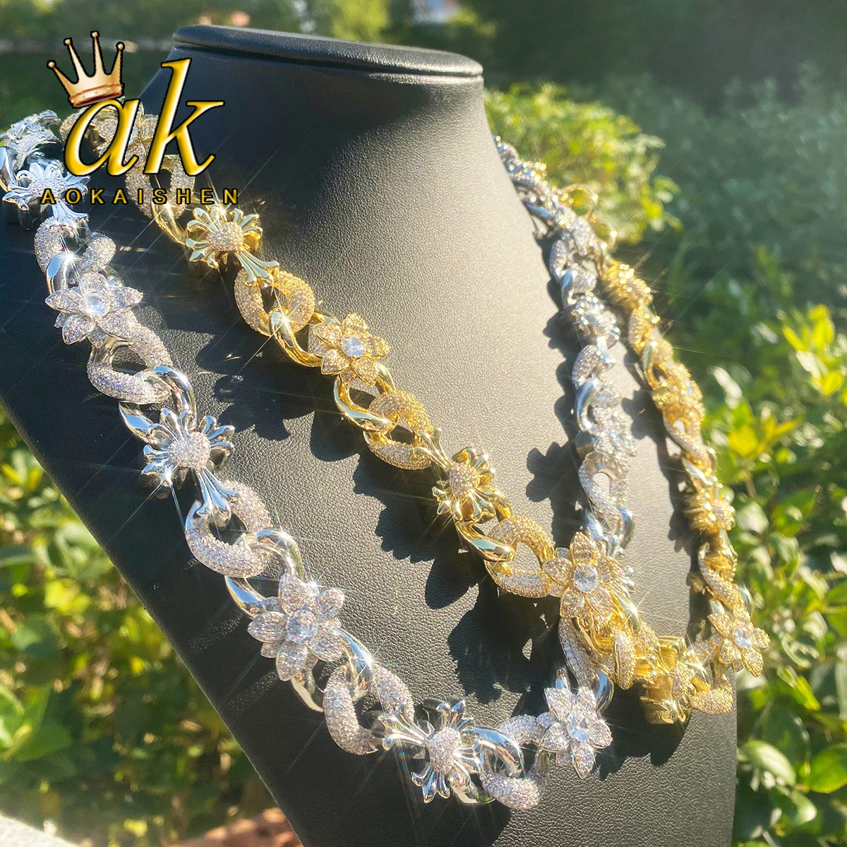 

Aokaishen Iced Out Cross Flower Link Chain для мужчин, настоящая медь, позолоченные ювелирные изделия в стиле хип-хоп