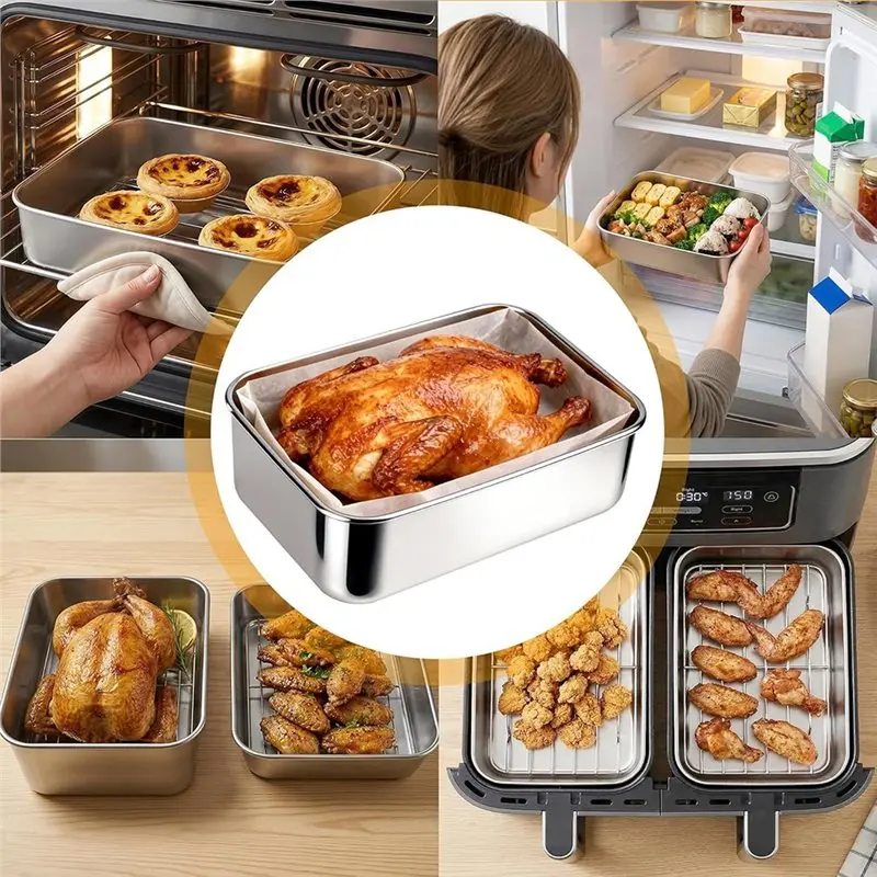 Efficient-Air Fryer Accessories Set Stainless Steel Air Fryer Rack With Lids Fits Rectangle Dual Basket Air Fryers