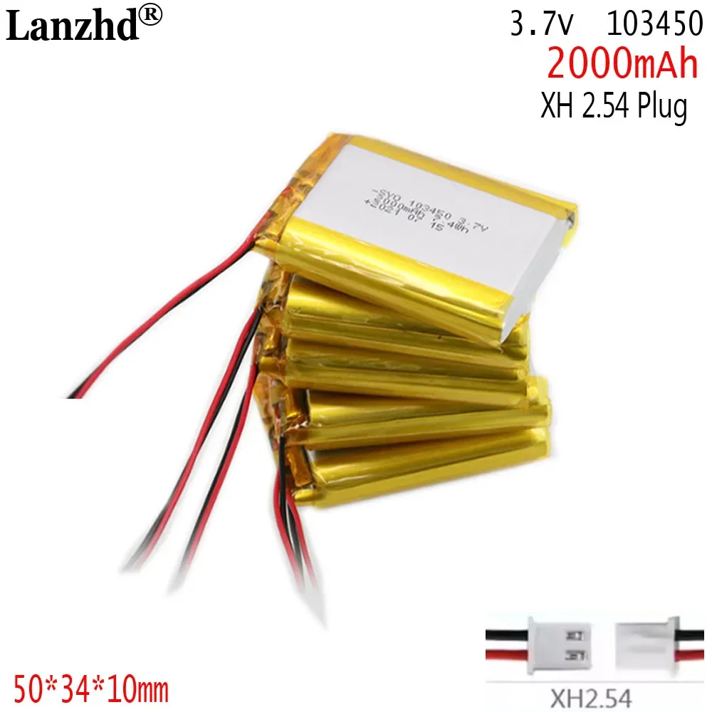 

3.7V 2000mAh Lipo Polymer Lithium Rechargeable Battery + jst 1.25mm 2pin Plug 103450 For MP3 GPS Navigator DVD Mobile Phone