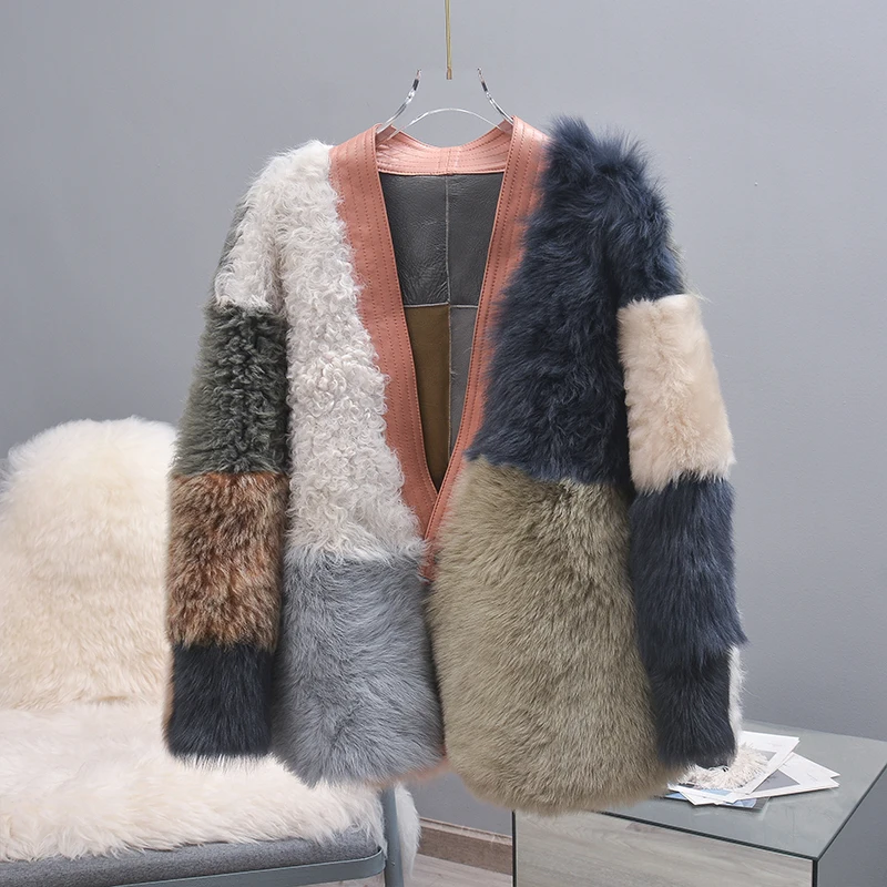 Tcyeek Women's Winter Coats Tuscan Wool Fur Coat Women Clothes Contrast Color Fashion Warm Female Fur Jacket Casaco Feminino Lq