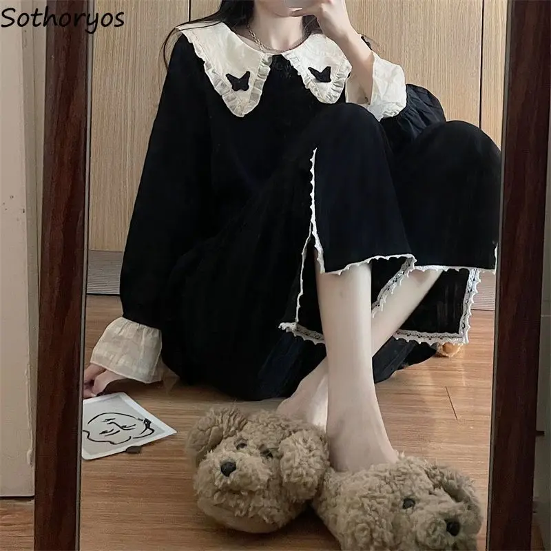 Pajama Sets Women Sleepwear Ins Korean Peter Pan Collar Long Sleeve Home Black Chic Autumn Full Length Sweet Lovely Female Pjs