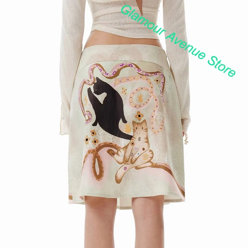 Korean-style Cute Kitten cartoon Pattern Tooling Folding Printed High Waist A-shaped Skirt Women's Summer Fashion Casual Skirt