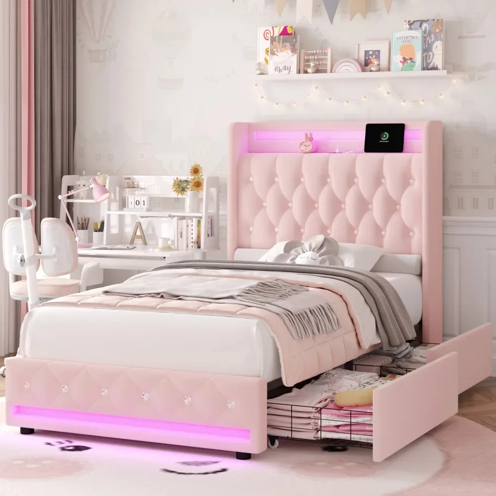 

Twin Size LED Bed Frame with Outlets and USB Ports, 4 Storage Drawers Wingback Crystal Button Tufted Velvet Platform Bed Frame
