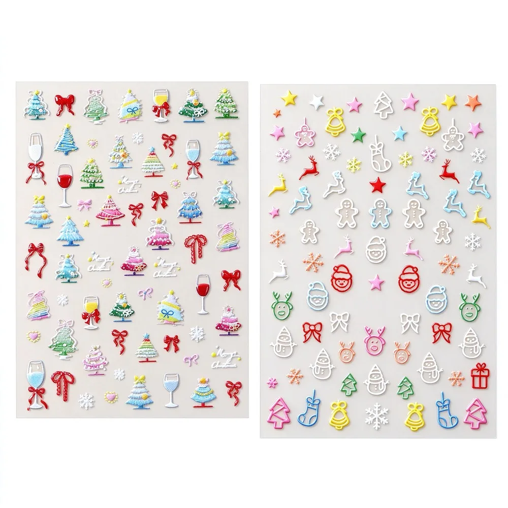 1/2Pcs 5D Colorful Macaron Christmas Nail Stickers Pink Blue White Xmas Tree Elk Santa Snowman Adhesive NaiL Decals Nail Decorat