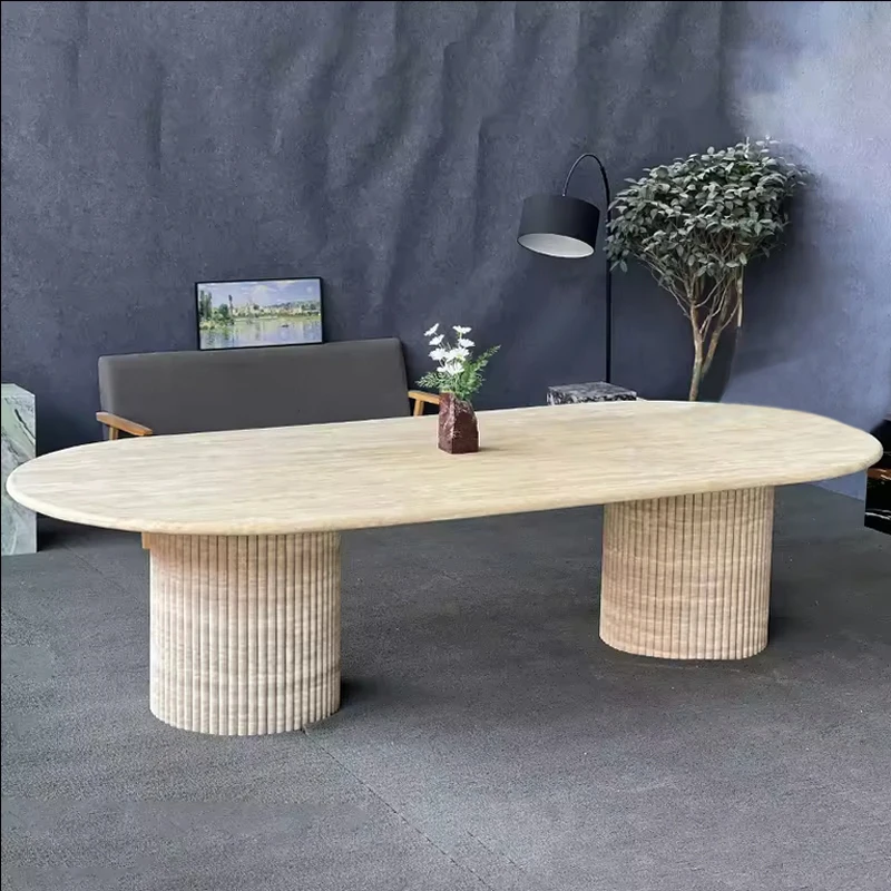 Luxury Customized Natural Oval Top Beige Travertine Dining Table Stone Furniture With Low Plinth