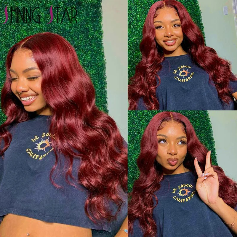 Super Long 32" 13X4 Body Wave Lace Frontal Wigs 99J Burgundy Lace Front Human Hair Wig Colored Transparent Curly Human Hair Wigs