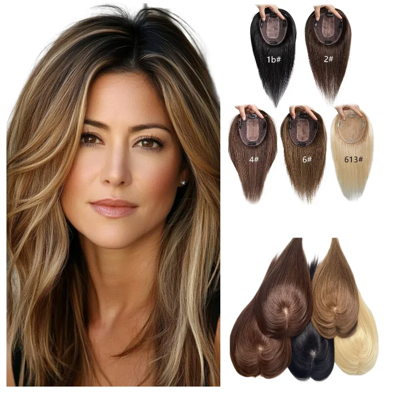 レースフロントヘアピース-女性用-人毛-ミドルパート＆前髪付き--8x12cm-14インチ-若々しい外観のために