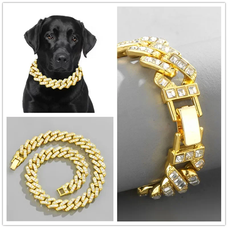 16mm Width Full Cz Zircon Diamonds Dog Cat Collar Novelty Gold Silver Color Cuban Chain Necklaces Pet Luxury Jewelry Accesories