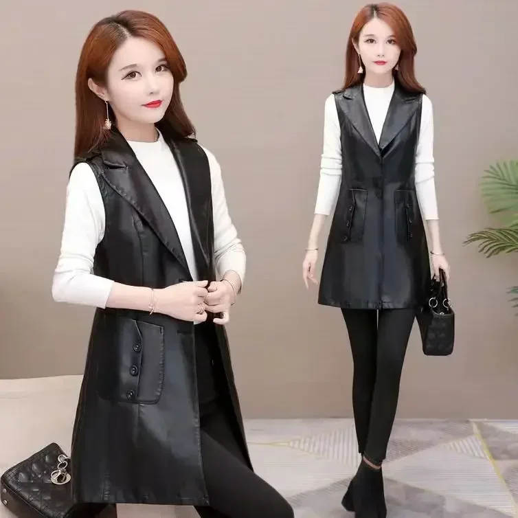 

Faux Leather Vest Women's Clothing 2023 PU Autumn Jacket Korean Solid Sleeveless Vest Mid Long Coat Female Waistcoat Outerwear