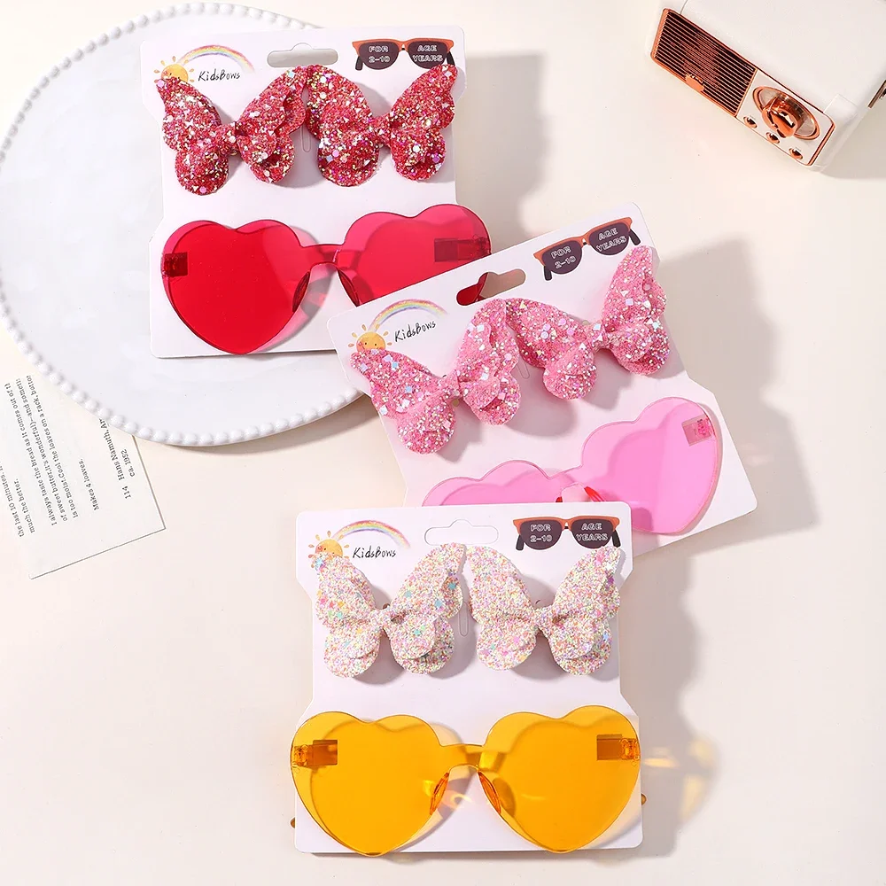 Lovely Sparkling Butterfly Hair Clip Hair Accessories Glasses Set Fashion Wave Point Kids Hairgripes Love Glasses Girls Headwear