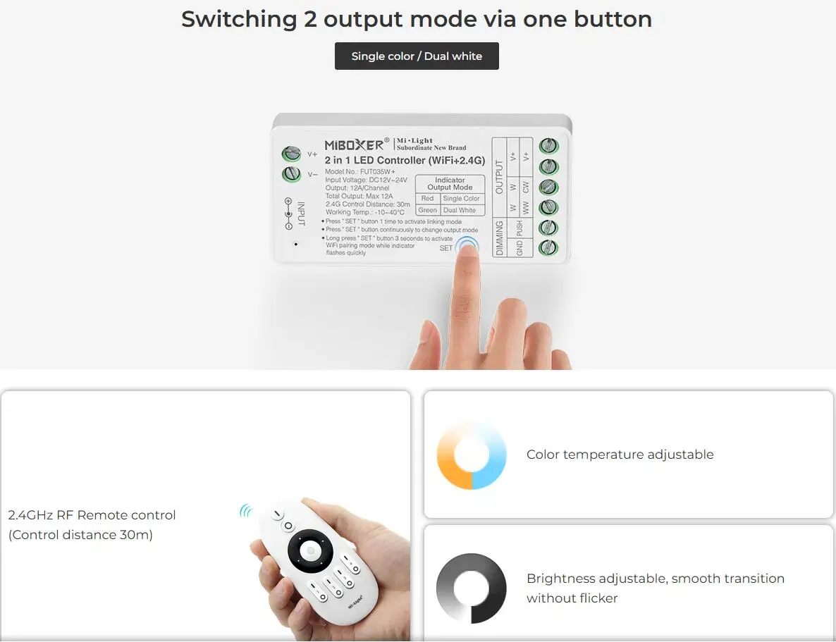 Miboxer WiFi+2.4G LED Controller Single Color Dual White RGB RGBW RGB+CCT SW2 SW5 WL5 Tuya Music APP Voice Control