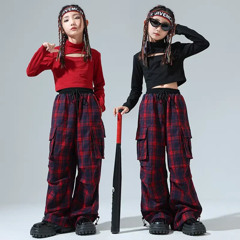 Abbigliamento da ballo Hip Hop per bambini Top corto per ragazze Pantaloni scozzesi Set di abbigliamento per pratica jazz Moda maniche lunghe Vestito da ballo di strada Rave
