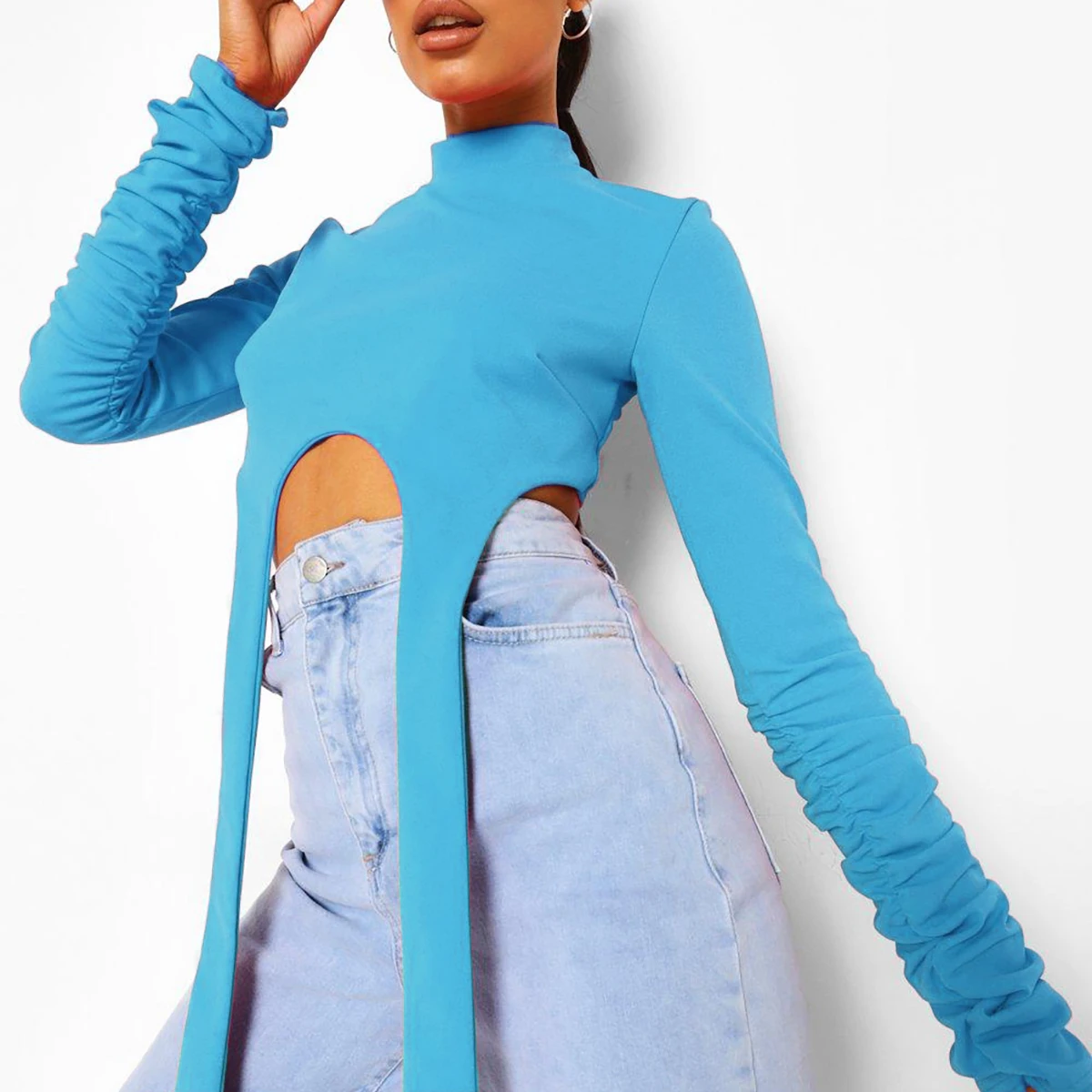 2024 summer new fashion women's clothing with T-shirt, personality niche fashion top, puff sleeve long belt, crop top women