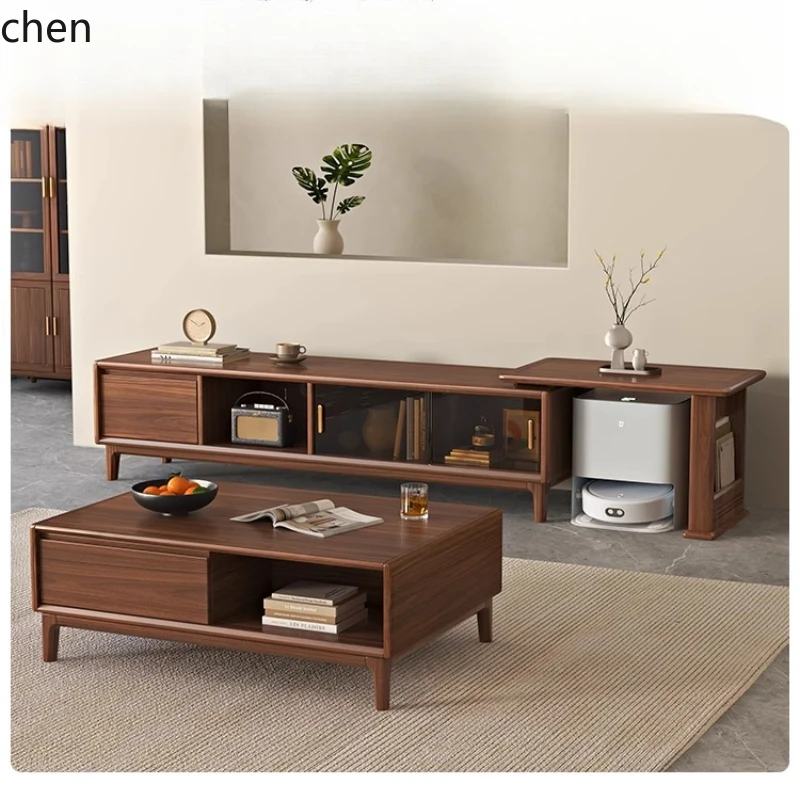 

HXL solid wood TV cabinet simple floor cabinet coffee table combination living room telescopic storage cabinet