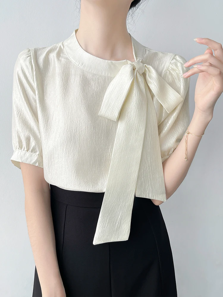 

Korean Sle Knot ort Sve Silk Acetate Women's irt Summer New Profional OL Top Loose Fit Bubble Sve