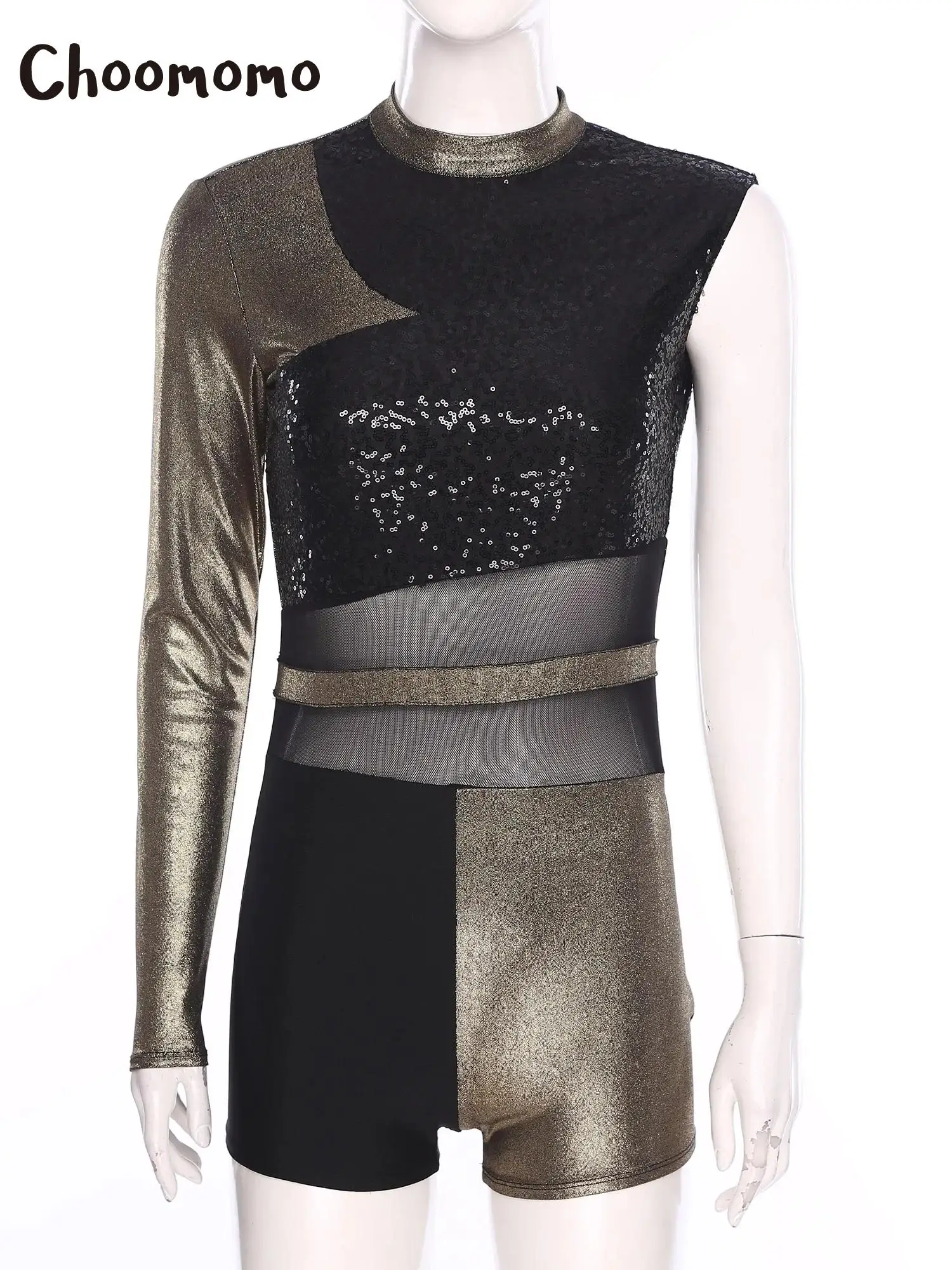 

Women Latin Dance Leotard Jazz Bodysuit Boyshort One Shoulder Sequins Metallic Shiny Tango Cha Cha Ballet Ballroom Dance Costume