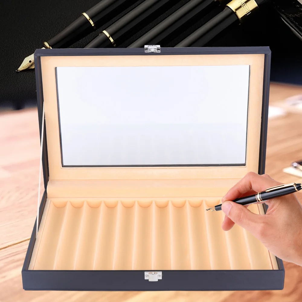 

Коробка для хранения перьевых ручек с 12 слотами, деревянный органайзер для ручек с чехлом из искусственной кожи, коллекционный чехол для любителей письма