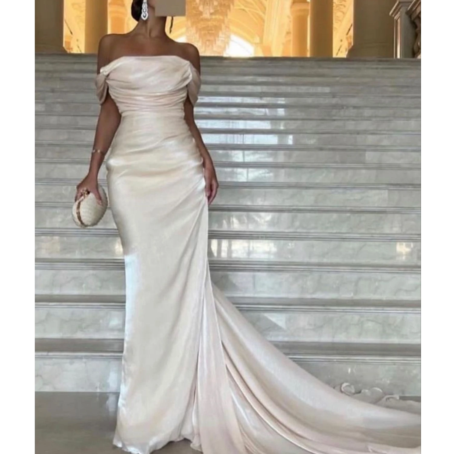 Aileen 2023 Elegant Off Shoulder Arabic Mermaid Beige Evening Dress for Women Wedding Party Dubai Long Formal Gowns