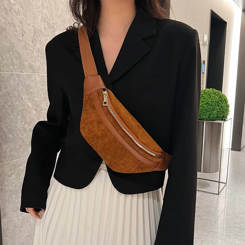 Fashion Corduroy Women Waist Bag Student Ladies Shoulder Crossbody Zipper Chest Bag Phone Banana Female Bags