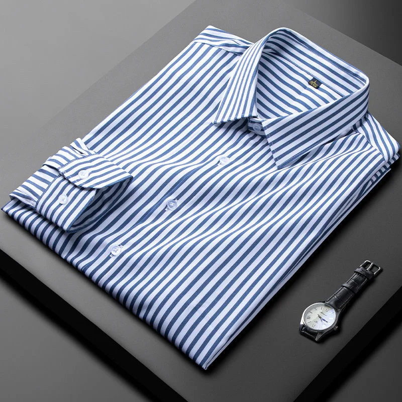 shirt high-end color stripe Light luxury men's long sleeve autumn new Korean fashion handsome top slim Lapel no iron men's shirt