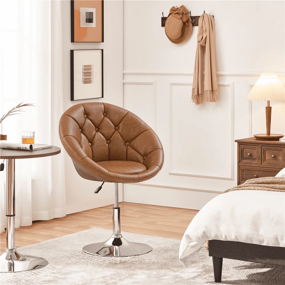 

360-degree Swivel Accent Chair Round-back Modern Tufted Adjustable Seat Height Barrel Waterproof PU Leather Retro Brown 276 Lb