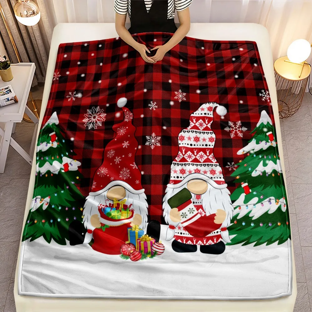 

Christmas Gift Flannel Blanket Mini Santa Snowy Night Design with Red Plaid Perfect for Sofa Bed Office Travel Machine Washable