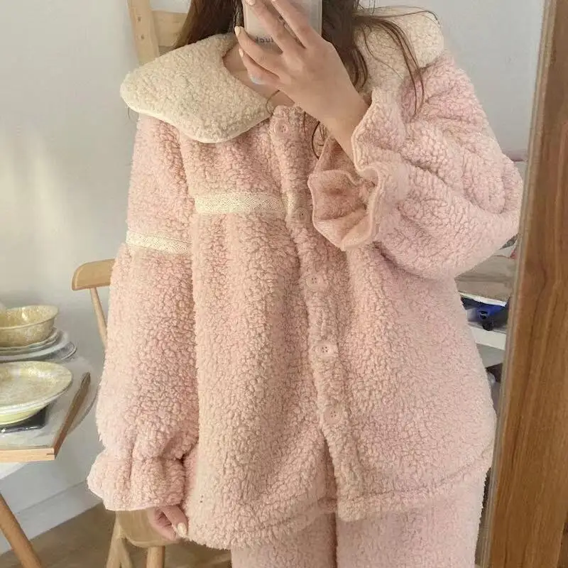 

Утолщенный флисовый пижамный комплект, женская зимняя коллекция, милый милый кукольный воротник, свободный крой, однотонная теплая одежда для сна, верхняя одежда