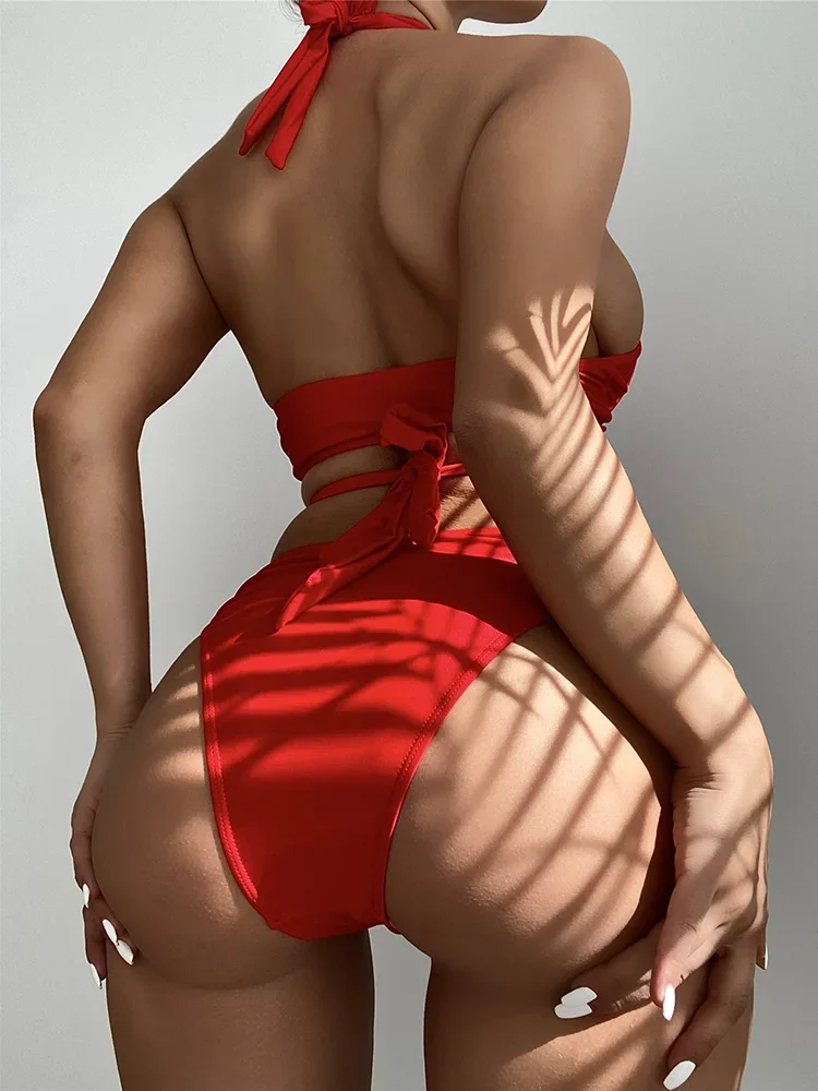 Halter Cross Bandage High Cut Bikini Female Swimsuit Women Swimwear Two-pieces Bikini Set Hollow Out Bather Bathing Suit Swim