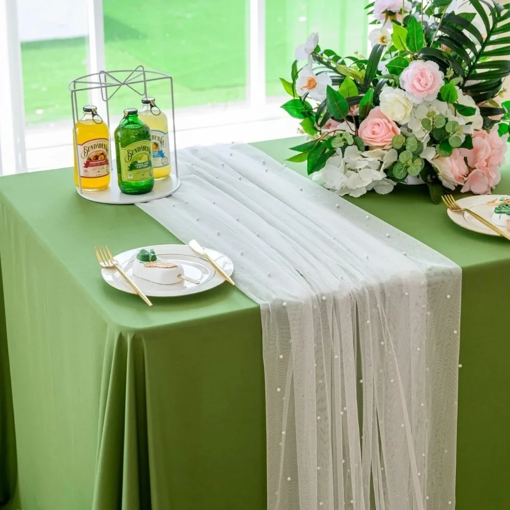 0.75*3 Meters Table Flag Semi Transparent Pearl Tulle Pearl Chiffon Gauze Mesh Sheer Drapes Table Runner Festival Party