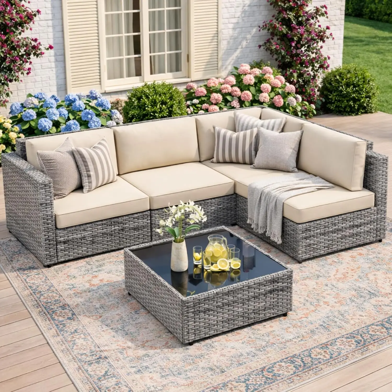 5-Piece All-Season Wicker Patio Sofa Set with Thick Cushions & Coffee Table, Modular Indoor Outdoor Furniture for Poolside