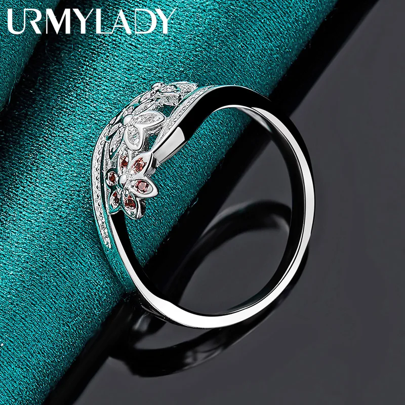 URMYLADY 925 Sterling Silver Red Zircon Flower Ring For Women Wedding Charm Engagement Fashion Jewelry