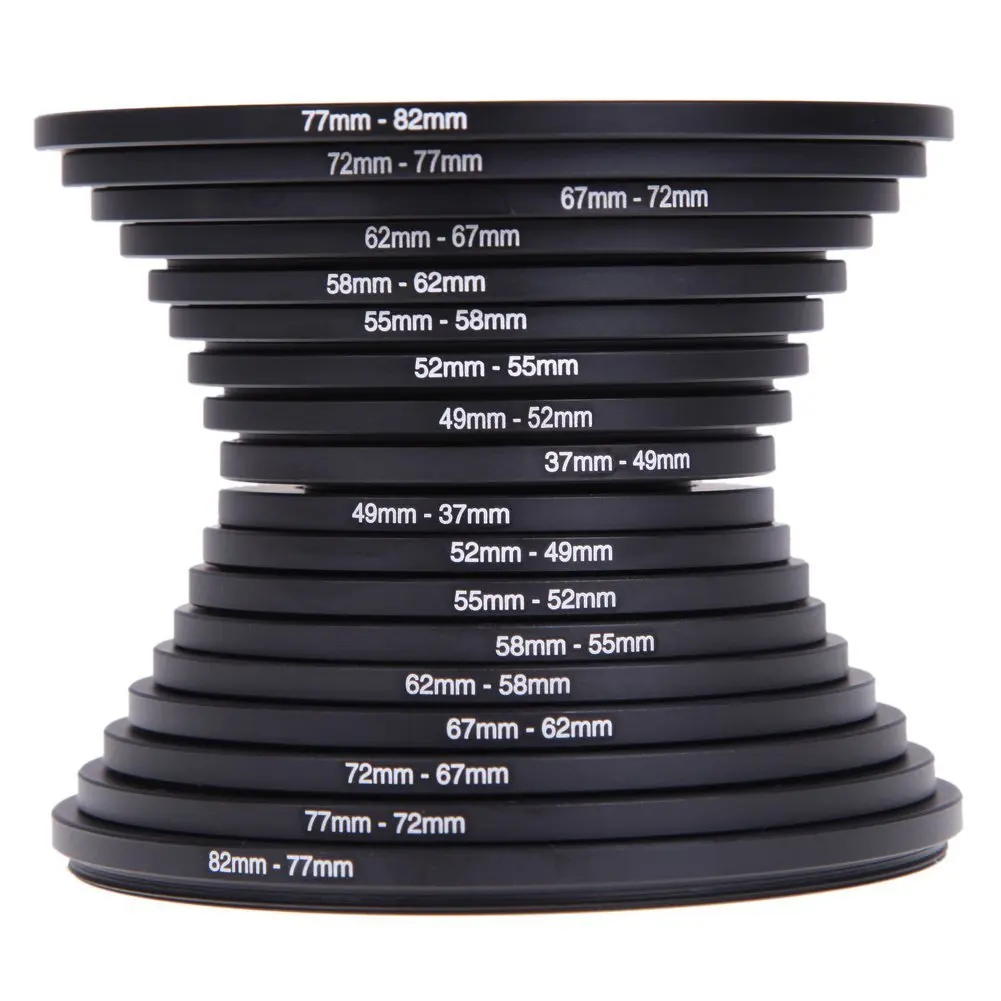 Adaptador de filtro de lente para todas as DSLR, Step Up and Down Ring, kit de montagem, 37-82, 82-37mm, 18pcs