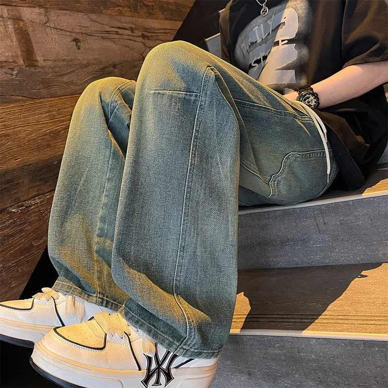 

New Men's Drawstring Straight Jeans Men's Casual Loose Elastic Waist Vintage Fashion Jeans Trousers Male Streetwear