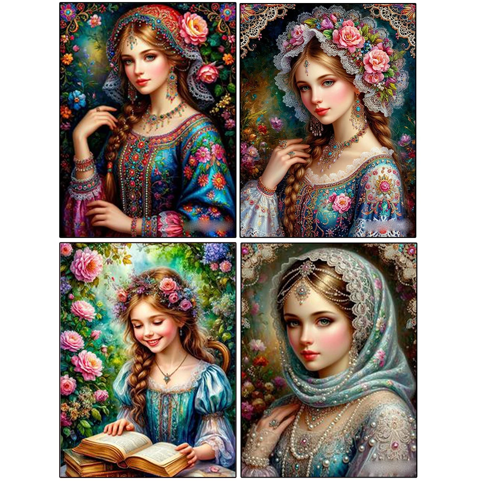 

DIY Diamond Painting, Wearing Beautiful and Elegant Beauty, Flower Diamond Mosaic Embroidery, Rhinestone Cross Embroidery Art
