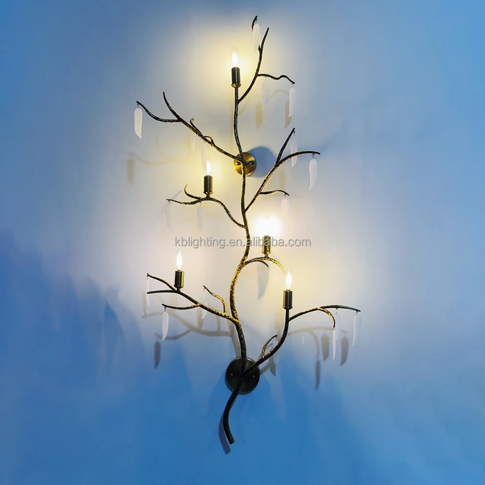 Contemporary Design Indoor Decoration Tree Wall Sconces Hotel Villa Staircase Glass Copper Branch Wall Lamp