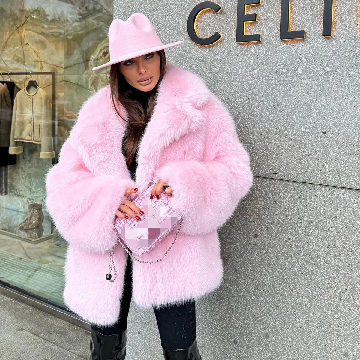 Moda donna di lusso vera pelliccia di volpe collo con risvolto cappotto femminile autunno inverno colore rosa caldo cappotto spesso giacca