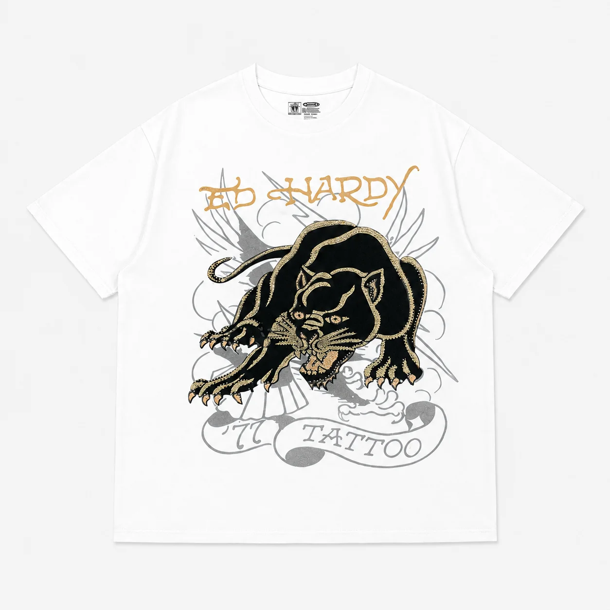 Ed Hardy Black Panther Gold Outline Tattoo Print T Shirt Unisex Loose Oversized Harajuku Streetwear Cotton Summer Graphic Tee view 2