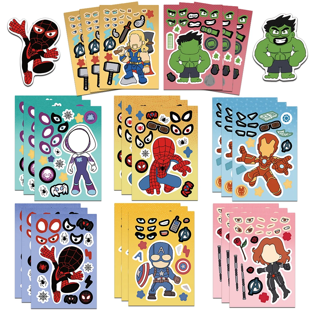 

8/16Sheets Disney Cartoon Spiderman Iron Man Stickers Make a Face Game Sticker Kids DIY Notebook Children Assemble Jigsaw Toys