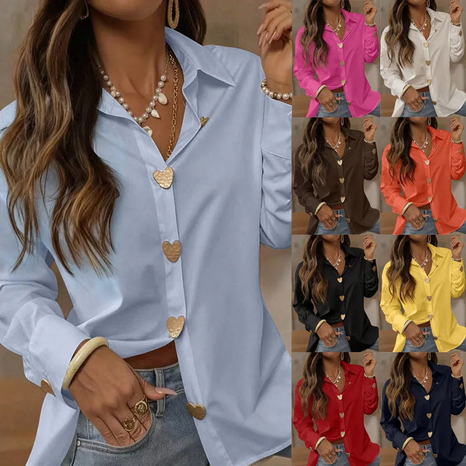 Women Lapel Collar Shirt Heart Shape Buttons Long Sleeve Loose Casual Office Blouse Top