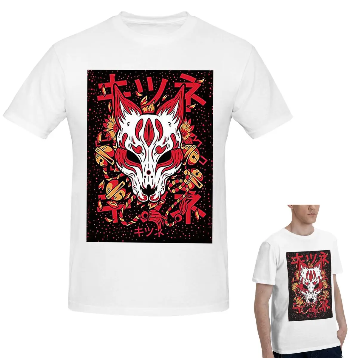 

Футболка Kitsune Yokai Fox из 100% хлопка, мужская модная футболка большого размера, мужские летние рубашки с круглым вырезом, топы, S-6XL