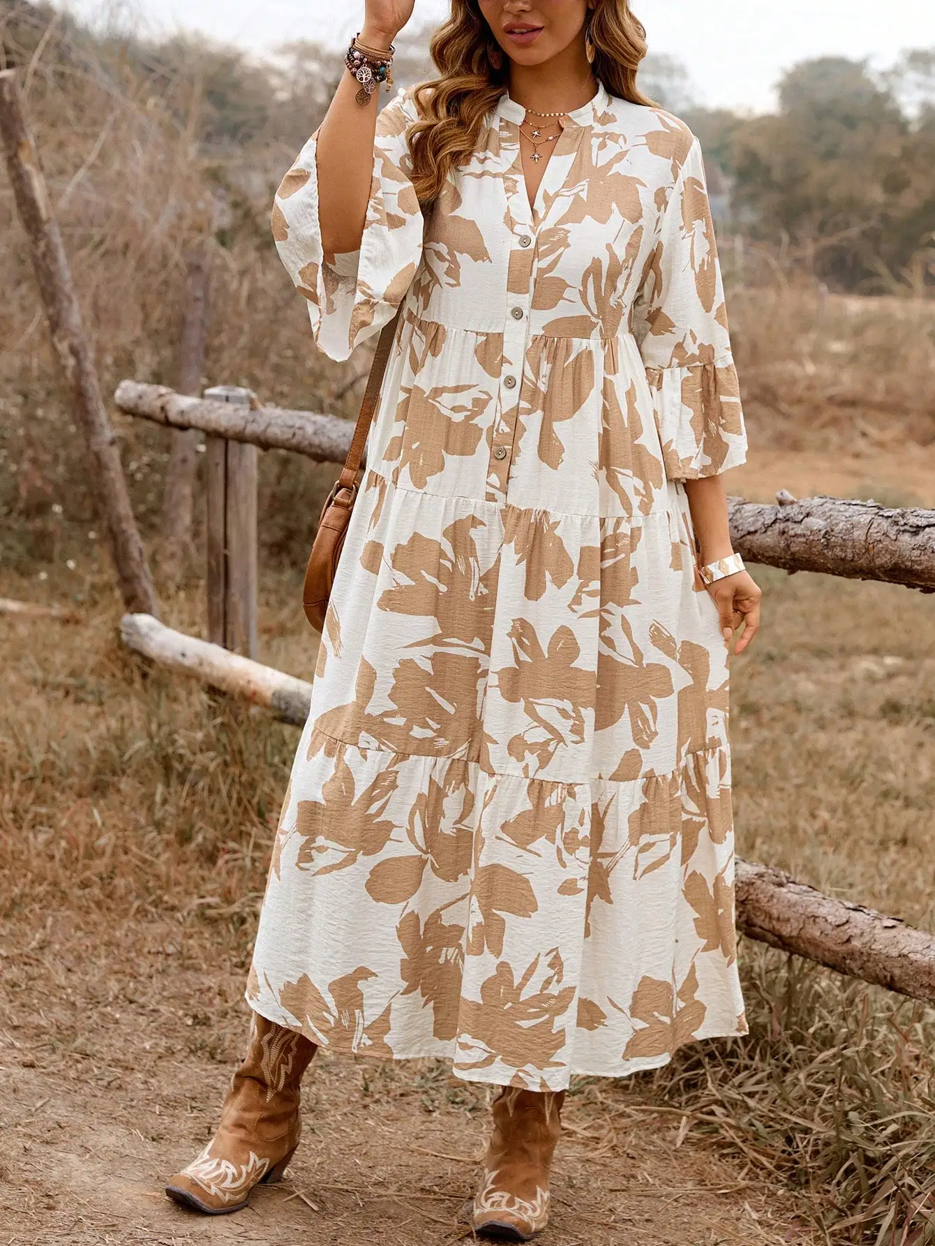 

Retro Floral Print Button Up A-Line Tiered Dress With Flare Sleeve For Women