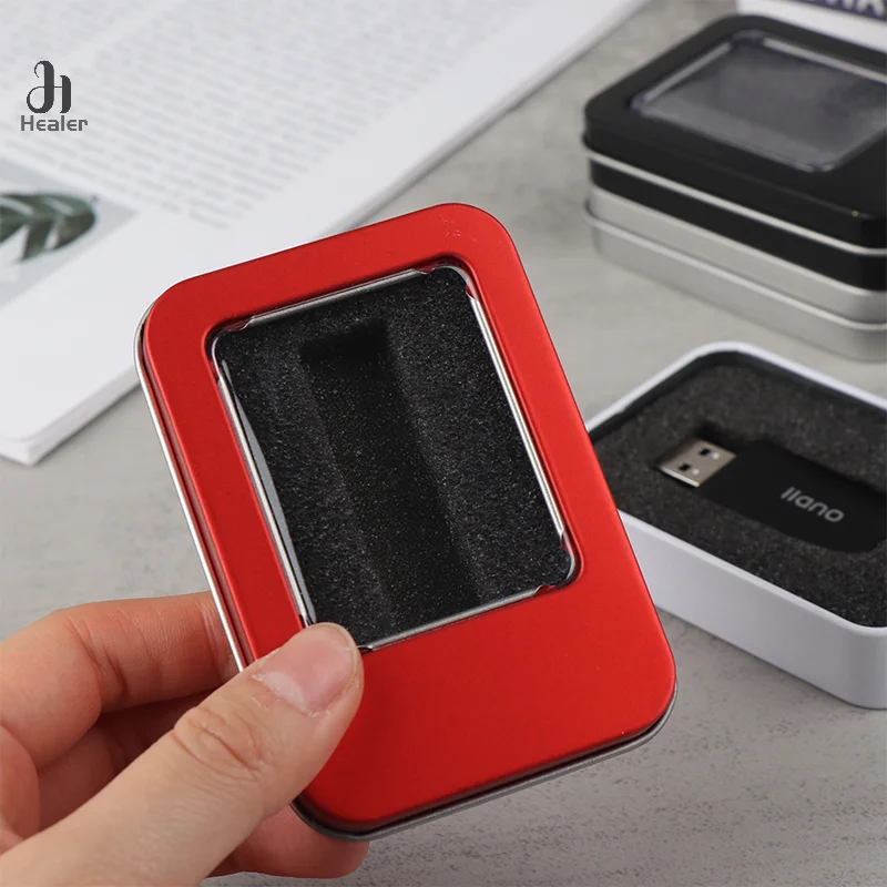 1PC Tinplate U Disk Small Square Box Badge Gift Metal Packaging Box U Disk Large Square Box Window U Disk Small Iron Box